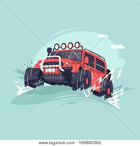 Off-road. Competitions on Suvs. Flat vector illustration in cartoon style.
