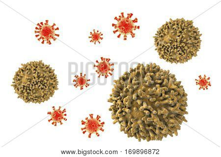 Lymphocytes and viruses. Immune defense. 3D illustration