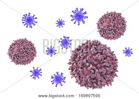 Lymphocytes and viruses. Immune defense. 3D illustration