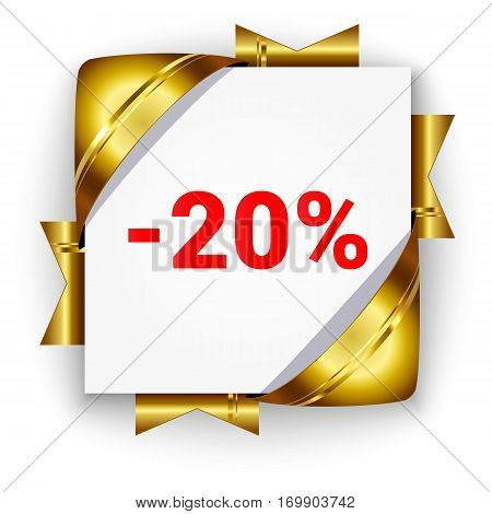 Golden 3d discount banner. White square background tied with ribbons. Sign of 20 percent. Realistic ads for the Internet and print. button for websites.