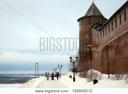 Russia Nizhny Novgorod - February 09 2017: Winter walk along the walls of the Nizhny Novgorod Kremlin.