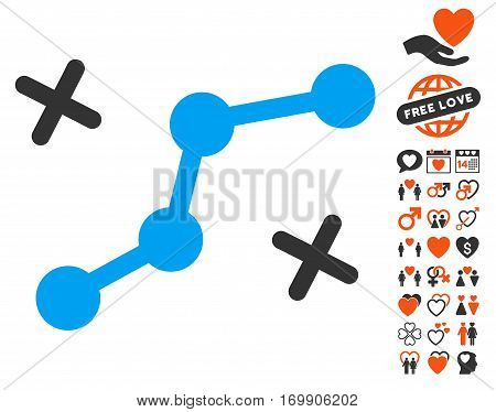 Route Points pictograph with bonus valentine clip art. Vector illustration style is flat iconic symbols for web design app user interfaces.