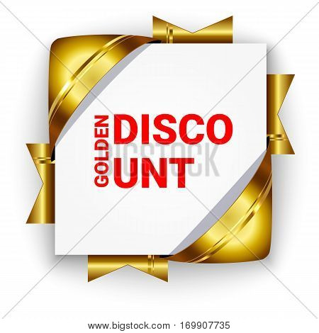 Golden 3d discount banner. White square background tied with ribbons. Realistic ads for the Internet and print. Button for websites. Discount with the text in red.