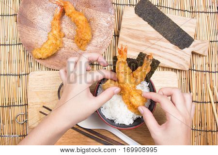 Chef decorated tempura on rice / Cooking Tempura concept