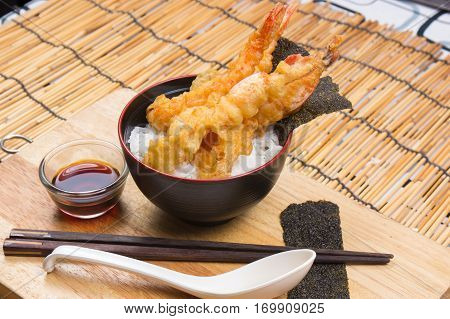 Chef decorated tempura on rice / Cooking Tempura concept