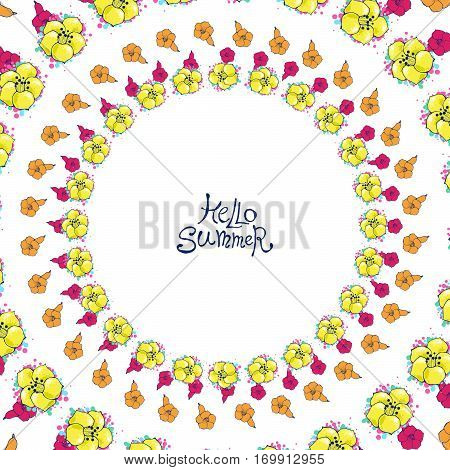Vector Floral frame with colorful exotic flowers. Nature circle hand drawn border on white background. Good for greeting cards and invitations.
