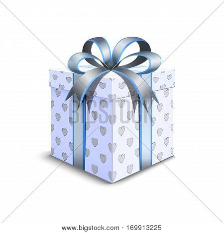 3d packaging Valentine's Day. Realistic white packaging. Beautiful festive box tied with ribbon and bow on top. Gift with hearts for your loved one.