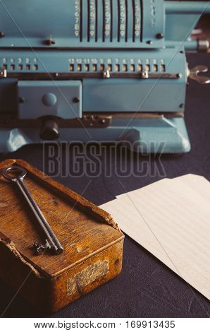 Old Adding Machine. Picture In Dark Style