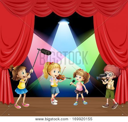Kids performaning music on stage illustration