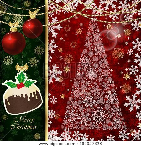 Christmas background with Christmas balls, decor elements and snowflakes.