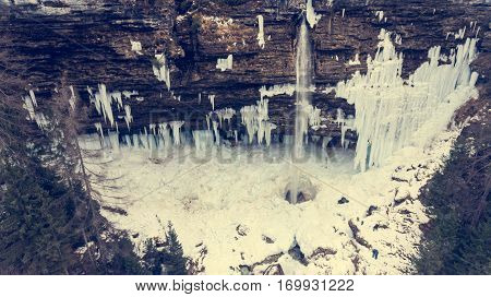 Aeriel view of frozen waterfall. Pericnik in Triglav national park, Slovenia.