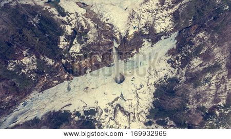 Aeriel view of frozen waterfall. Pericnik in Triglav national park, Slovenia.