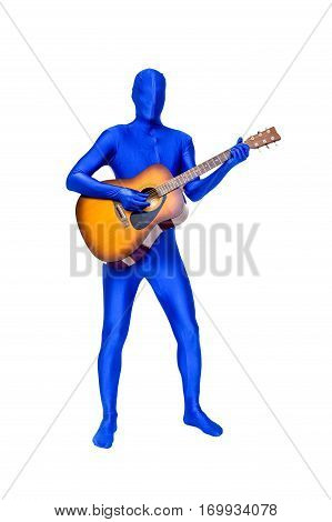Mysterious Blue Man In Morphsuit Playing An Acoustic Guitar