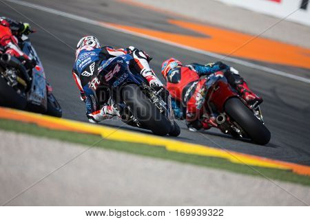 VALENCIA, SPAIN - NOV 13: 54 Pasini in Moto2 Race during Motogp Grand Prix of the Comunidad Valencia on November 13, 2016 in Valencia, Spain.