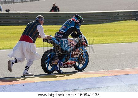 VALENCIA, SPAIN - NOV 13: Moto3 race during Motogp Grand Prix of the Comunidad Valencia on November 13, 2016 in Valencia, Spain.