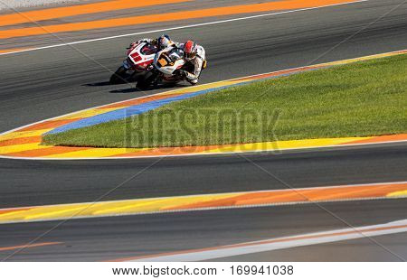 VALENCIA, SPAIN - NOV 13: Moto3 race during Motogp Grand Prix of the Comunidad Valencia on November 13, 2016 in Valencia, Spain.
