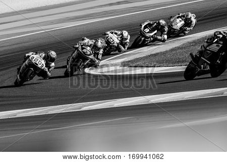 VALENCIA, SPAIN - NOV 13: Moto3 race during Motogp Grand Prix of the Comunidad Valencia on November 13, 2016 in Valencia, Spain.