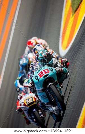 VALENCIA, SPAIN - NOV 13: Moto3 race during Motogp Grand Prix of the Comunidad Valencia on November 13, 2016 in Valencia, Spain.