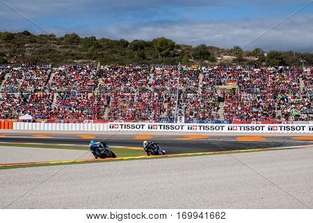 VALENCIA, SPAIN - NOV 13: 1st Zarco in Moto2 Race during Motogp Grand Prix of the Comunidad Valencia on November 13, 2016 in Valencia, Spain.