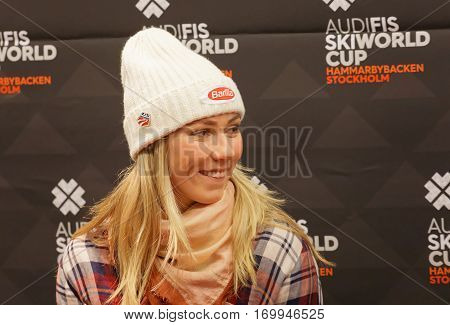 STOCKHOLM SWEDEN - JAN 30 2017: Smiling Mikaela Shiffrin interviewed at a press conference before the parallel slalom Audi FIS Ski World Cup. January 30 2017 Stockholm Sweden