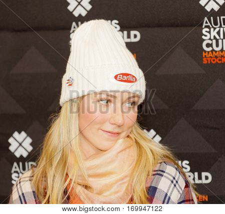 STOCKHOLM SWEDEN - JAN 30 2017: Mikaela Shiffrin interviewed at a press conference before the parallel slalom Audi FIS Ski World Cup. January 30 2017 Stockholm Sweden