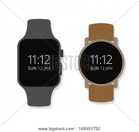 isolated vector art. Smartwatch set rounded and rectangular time and date