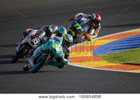 VALENCIA, SPAIN - NOV 11: 36 Mir, 63 Perez during Moto3 practice in Motogp Grand Prix of the Comunidad Valencia on November 11, 2016 in Valencia, Spain.