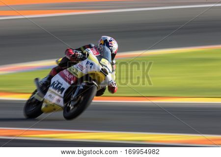 VALENCIA, SPAIN - NOV 11: Karel Hanika during Moto3 practice in Motogp Grand Prix of the Comunidad Valencia on November 11, 2016 in Valencia, Spain.
