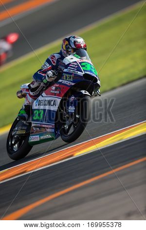 VALENCIA, SPAIN - NOV 11: Enea Bastianini during Moto3 practice in Motogp Grand Prix of the Comunidad Valencia on November 11, 2016 in Valencia, Spain.