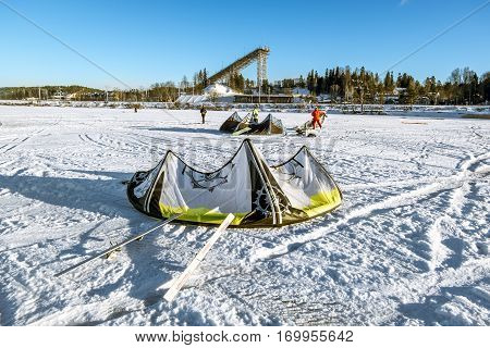Kavgolovo.Russia.22 Jan 2017.Athletes engaged in Snowkiting on the ice lake Khepoyarvi in Kavgolovo Leningrad oblast
