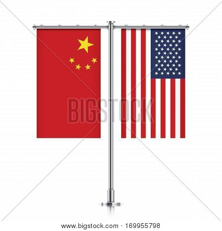 Peoples Republic of China and United States vector banner flags, hanging side by side on a silver metallic poles. PRC and USA friendship concept.