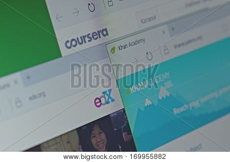 SARANSK, RUSSIA - FEBRUARY 06, 2017: A computer screen shows details of Coursera, edX, and Khan Academy main page's on its web site's. Selective focus.