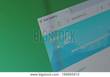 SARANSK, RUSSIA - FEBRUARY 06, 2017: A computer screen shows details of Khan Academy main page on its web site. Selective focus.