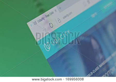 SARANSK, RUSSIA - FEBRUARY 06, 2017: A computer screen shows details of Udacity main page on its web site. Selective focus.