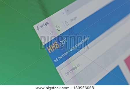 SARANSK, RUSSIA - FEBRUARY 06, 2017: A computer screen shows details of United States Department of Health and Human Services main page on its web site. Selective focus.