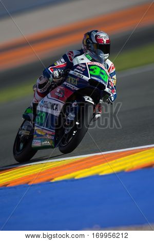 VALENCIA, SPAIN - NOV 11: Enea Bastianini during Moto3 practice in Motogp Grand Prix of the Comunidad Valencia on November 11, 2016 in Valencia, Spain.