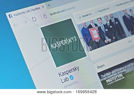 SARANSK, RUSSIA - FEBRUARY 06, 2017: A computer screen shows details of Kaspersky Lab page on Facebook web site. Selective focus.