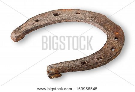 Old rusty horseshoe horizontally inverted isolated on white background
