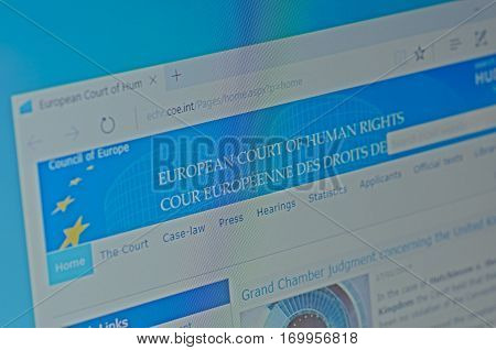 SARANSK, RUSSIA - JANUARY 17, 2017: A computer screen shows details of European Court of Human Rights main page on its web site. Selective focus.