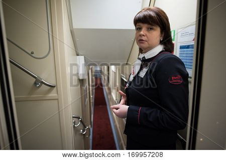 Conductor Train St. Petersburg-moscow Is Preparing The Car