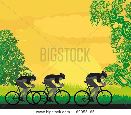 Group of Cyclists silhouette at sunset , vector illustration
