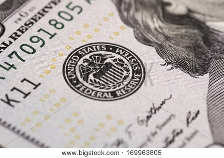 SARANSK, RUSSIA - FEBRUARY 5, 2017: Federal Reserve icon on United States dollar bill.