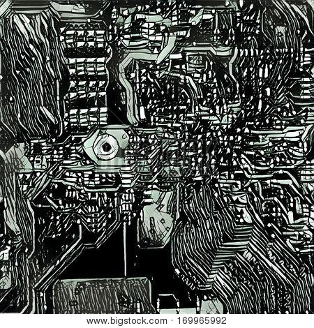 Digital illustration - The model of the chip. Technological background. Black and white colors. Motherboard close up backgrop image. Monochrome electronic microchip picture in dark futuristic style.