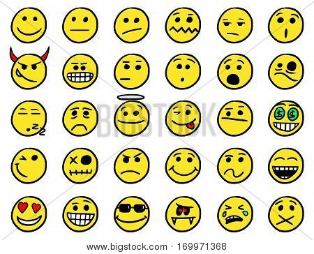 Set 1 of smiley icons drawings doodles in color