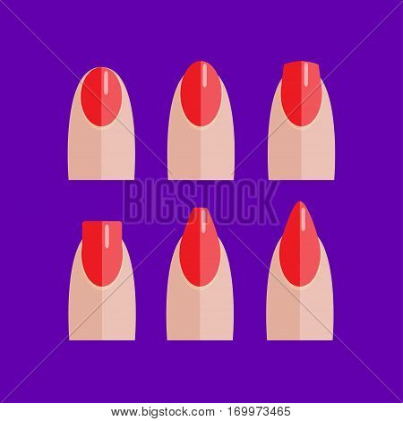 Set of manicured red nails with various shapes.