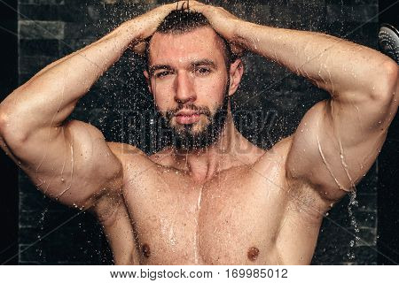 Natural Good Looking Athlete Showering. Muscular Fintess Player Taking A Shower