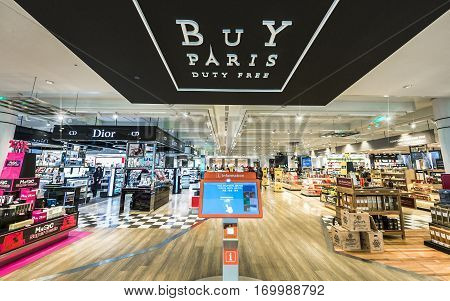Paris, France - June 2016: in Charles de Gaulle airport duty free shops