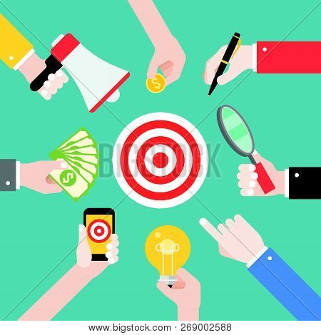Many Different Business Hands With Different Objects Vector, Such As Lightbulb, Magnify Glass, Bankn
