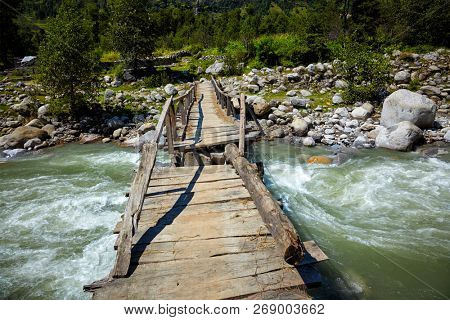 Bridge over Beas River in Himalayas near Manali. Kullu Valley, Himachal Pradesh, India