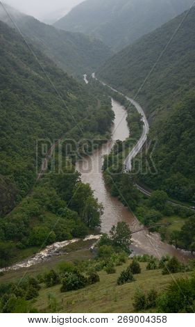 Maglič, Serbia - June 28 2018: View From Maglič Castle To Ibar River And Ibar Highway On A Foggy Day
